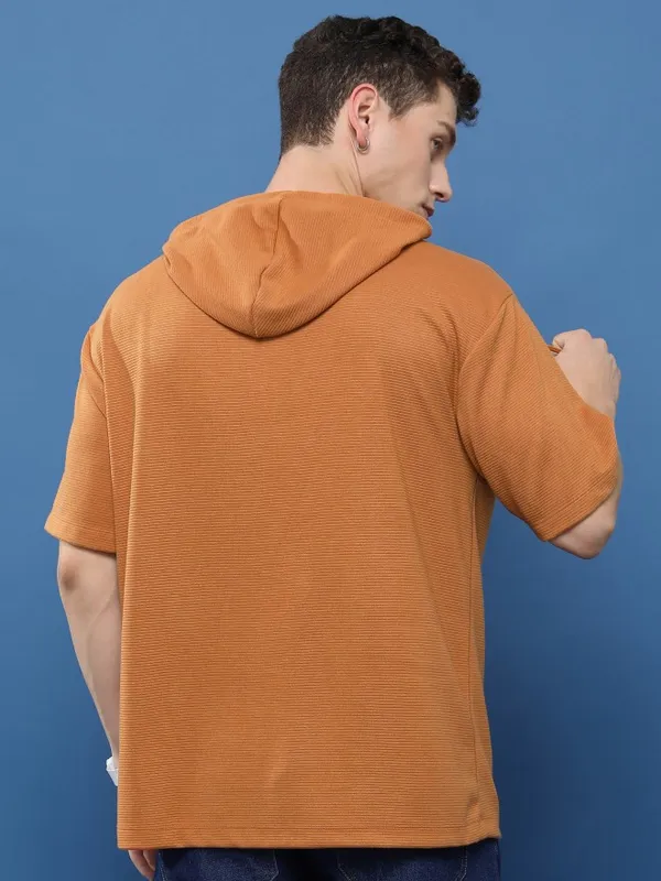 Ketch Men Rust Solid Hooded Oversized Fit T-Shirt