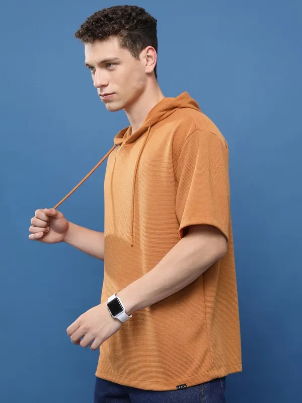 Ketch Men Rust Solid Hooded Oversized Fit T-Shirt