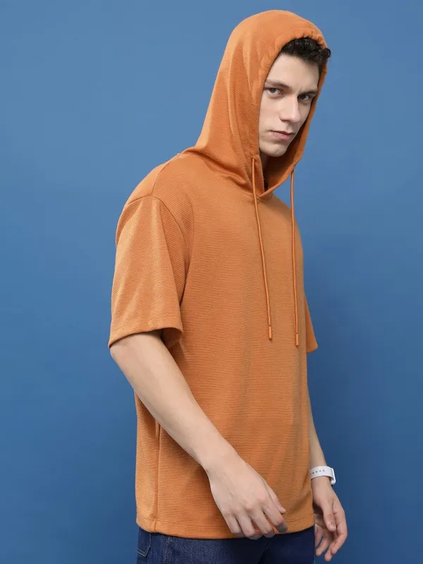 Ketch Men Rust Solid Hooded Oversized Fit T-Shirt