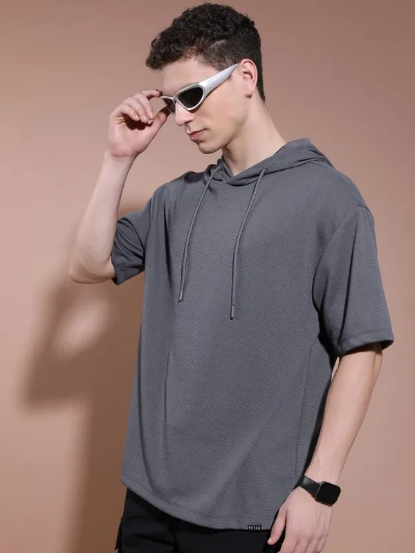Men Solid Hood T-Shirt