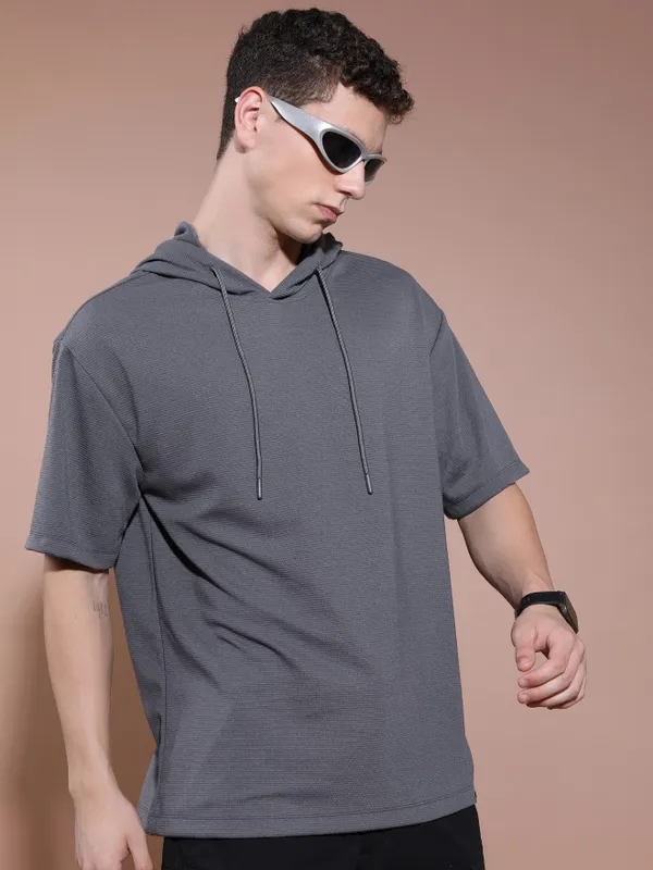 Men Solid Hood T-Shirt