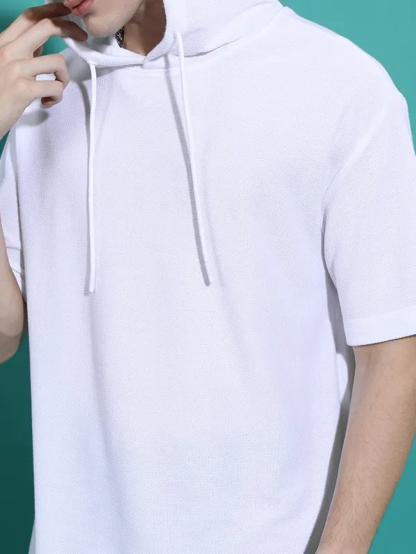 Highlander Men White Hooded Solid Oversized Fit T-Shirt