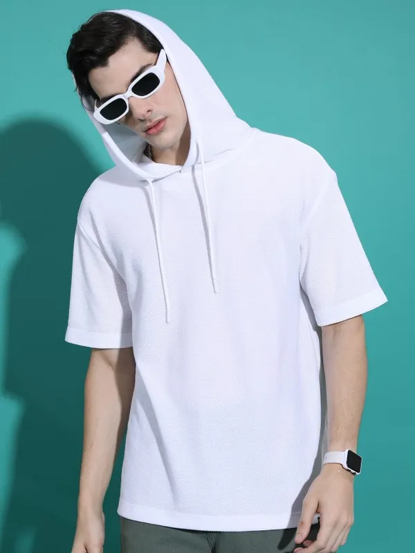 Highlander Men White Hooded Solid Oversized Fit T-Shirt