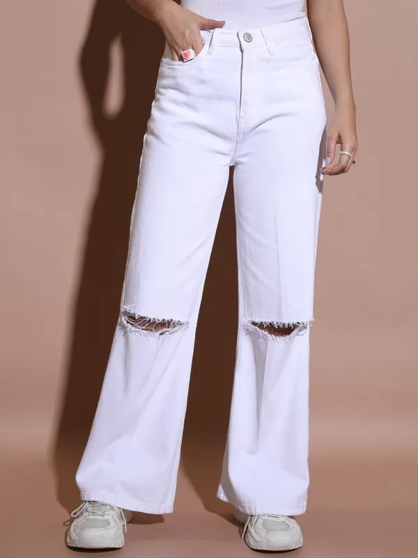  Tokyo Talkies Women White Wide Leg Clean Look Jeans