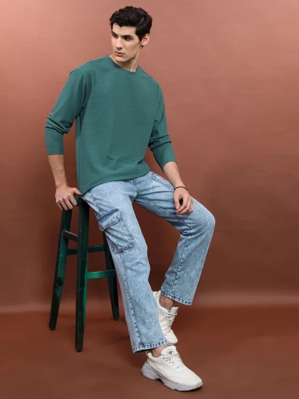  Highlander Men Teal Solid Round Neck T-Shirts