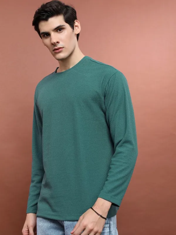  Highlander Men Teal Solid Round Neck T-Shirts
