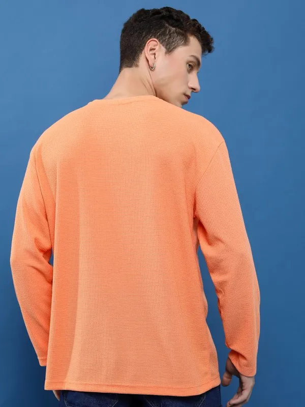 Highlander Men Orange Round Neck Solid Oversized Fit T-Shirt