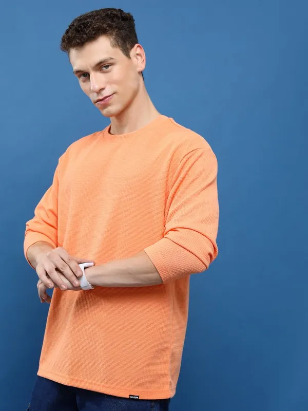 Highlander Men Orange Round Neck Solid Oversized Fit T-Shirt