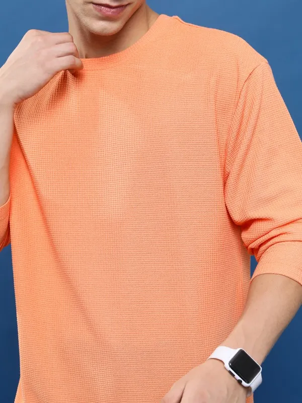 Highlander Men Orange Round Neck Solid Oversized Fit T-Shirt