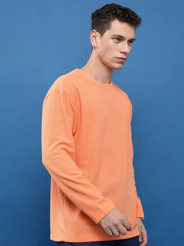 Highlander Men Orange Round Neck Solid Oversized Fit T-Shirt