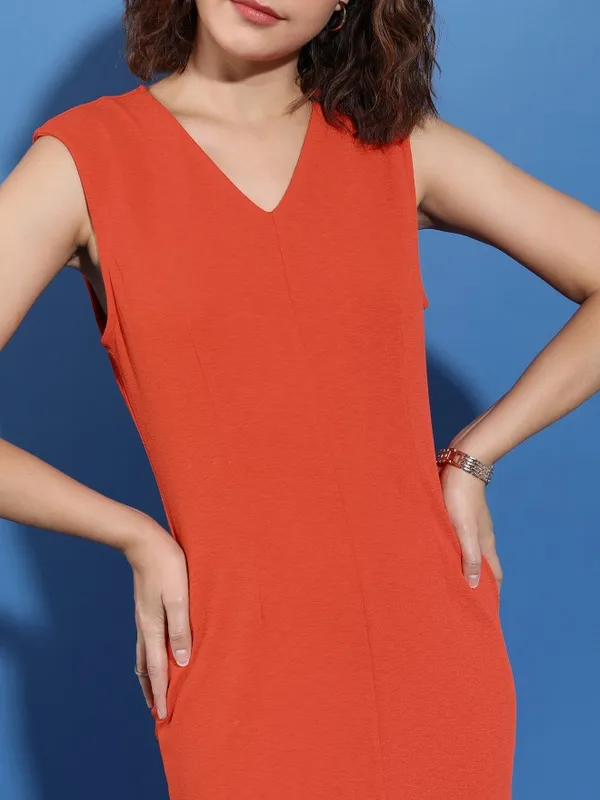 Tokyo Talkies Women Coral Solid Bodycon Dress