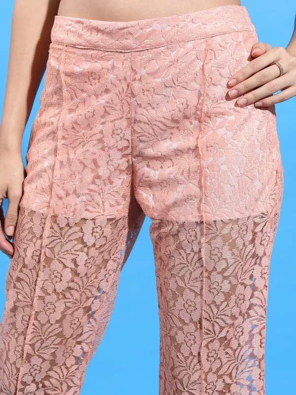  Tokyo Talkies Women Pink Self Design Flared Casual Trousers