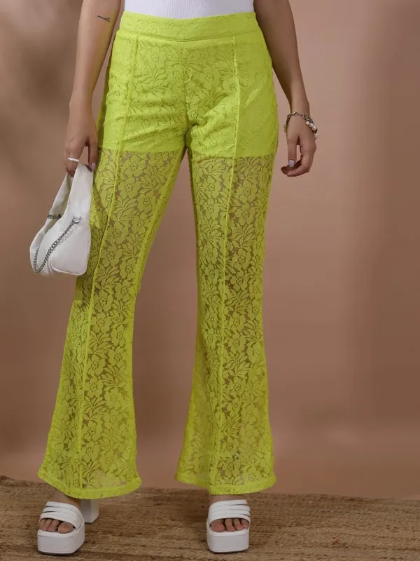  Tokyo Talkies Women Green Self Design Flared Casual Trousers