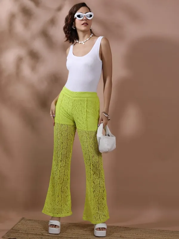  Tokyo Talkies Women Green Self Design Flared Casual Trousers