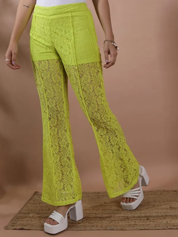  Tokyo Talkies Women Green Self Design Flared Casual Trousers