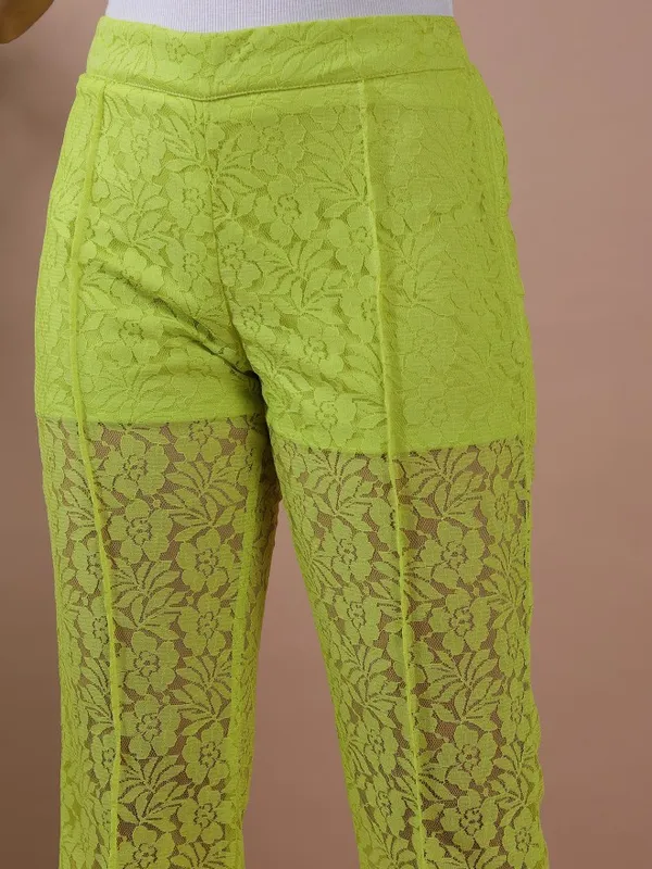  Tokyo Talkies Women Green Self Design Flared Casual Trousers