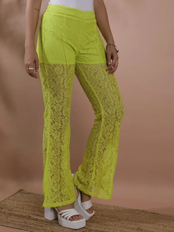  Tokyo Talkies Women Green Self Design Flared Casual Trousers