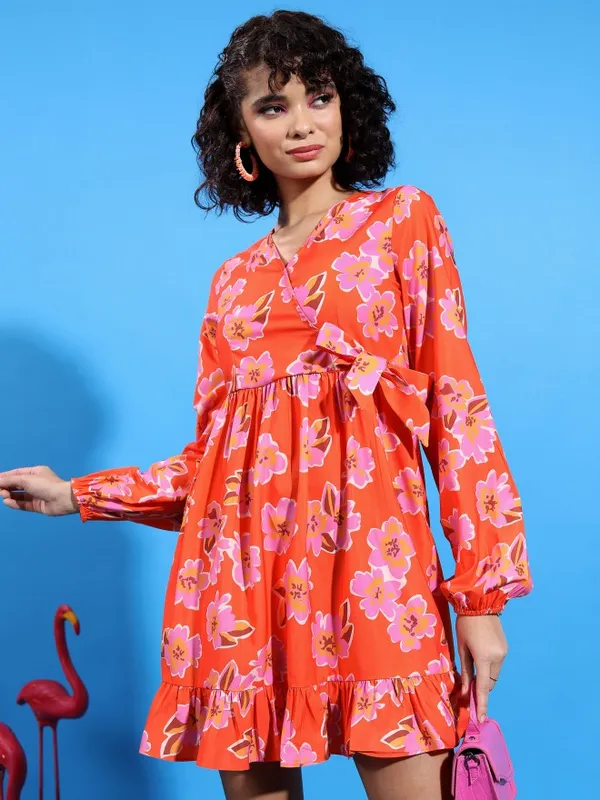  Ketch Women Orange Printed Wrap Dresses