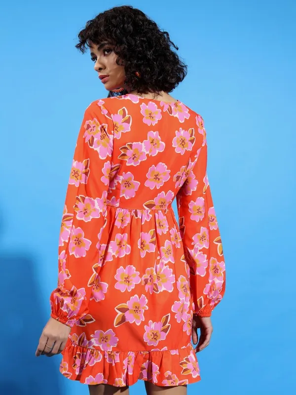  Ketch Women Orange Printed Wrap Dresses