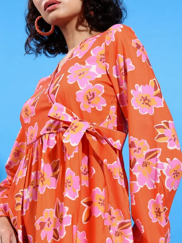  Ketch Women Orange Printed Wrap Dresses