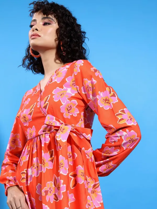  Ketch Women Orange Printed Wrap Dresses