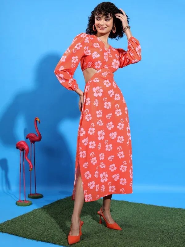 Tokyo Talkies Women Orange Printed Maxi Dress