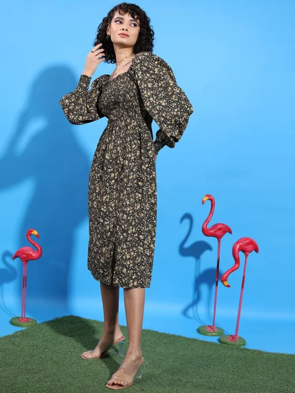 Tokyo Talkies Women Black Printed A-Line Dress