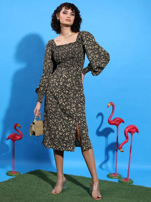 Tokyo Talkies Women Black Printed A-Line Dress