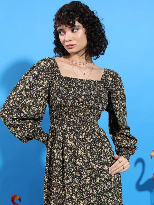 Tokyo Talkies Women Black Printed A-Line Dress