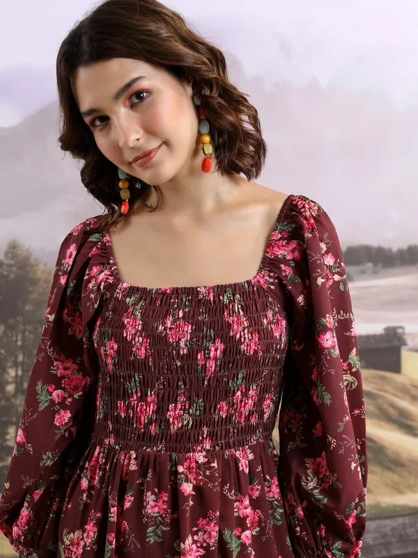 Tokyo Talkies Women Maroon Printed Fit And Flare Dress