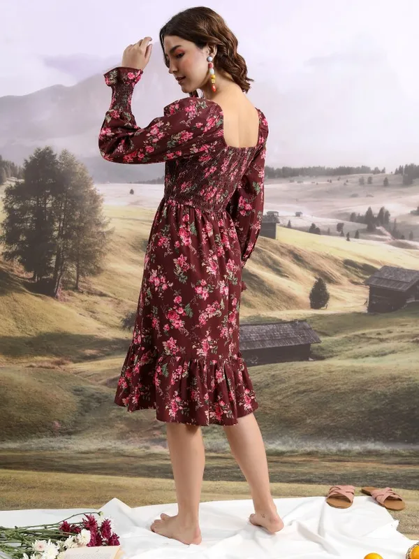 Tokyo Talkies Women Maroon Printed Fit And Flare Dress