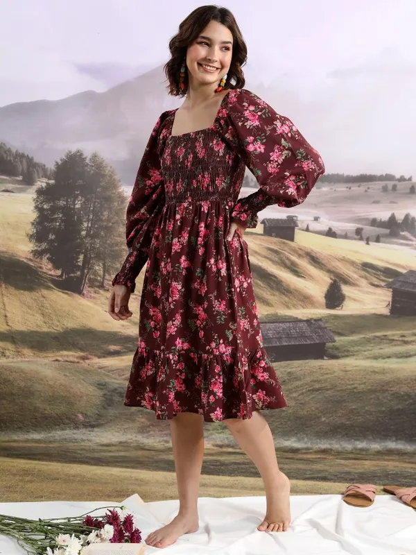 Tokyo Talkies Women Maroon Printed Fit And Flare Dress