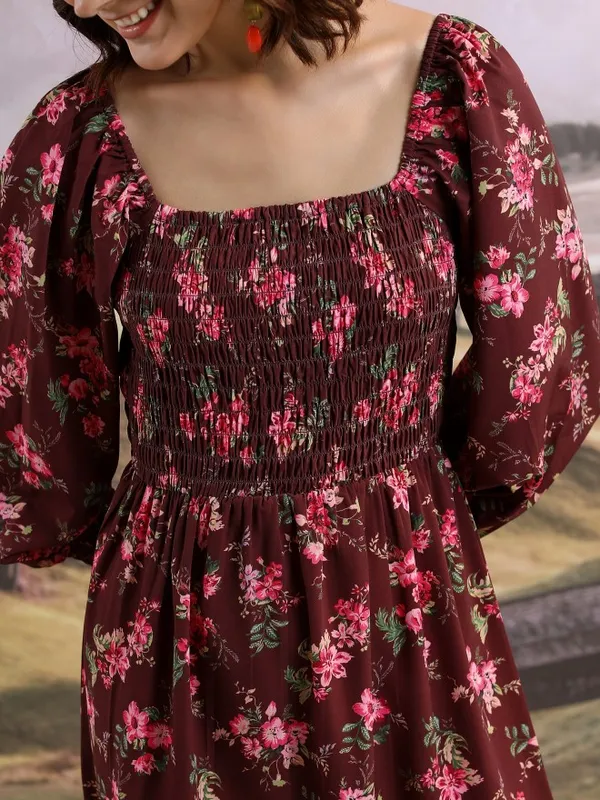 Tokyo Talkies Women Maroon Printed Fit And Flare Dress