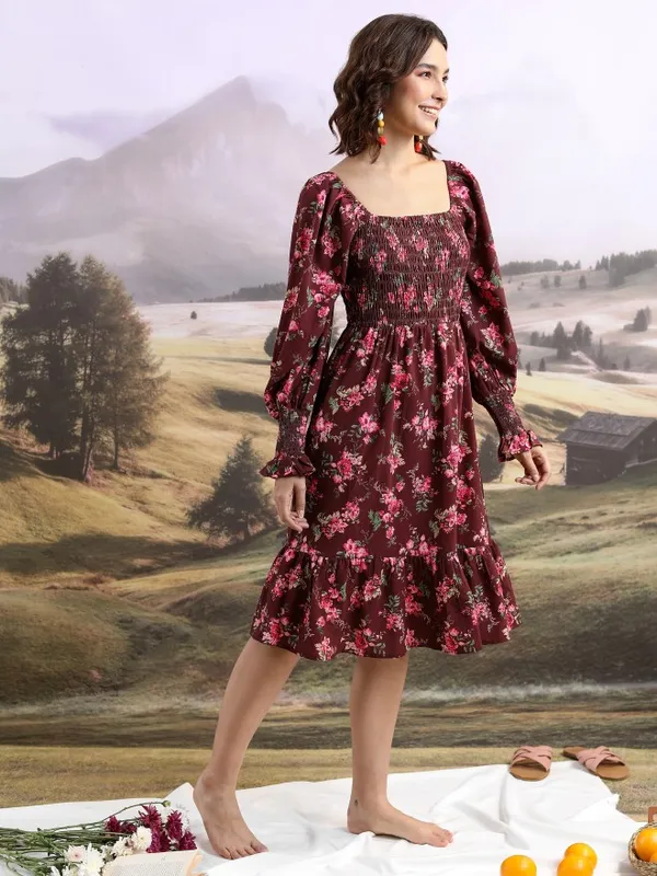Tokyo Talkies Women Maroon Printed Fit And Flare Dress