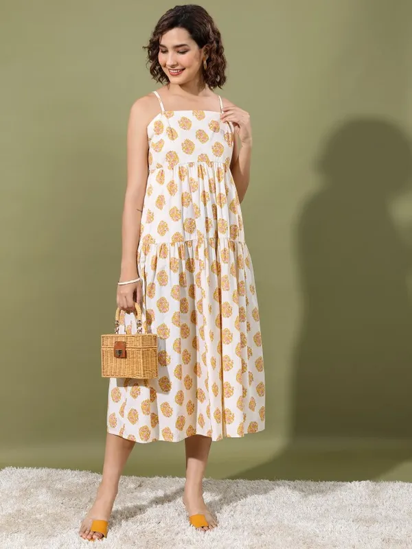 Vishudh women Cream Printed Maxi Dress