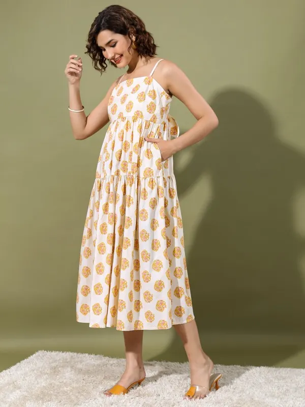 Vishudh women Cream Printed Maxi Dress