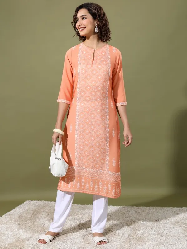  Vishudh  Women Peach Printed Straight Kurtas