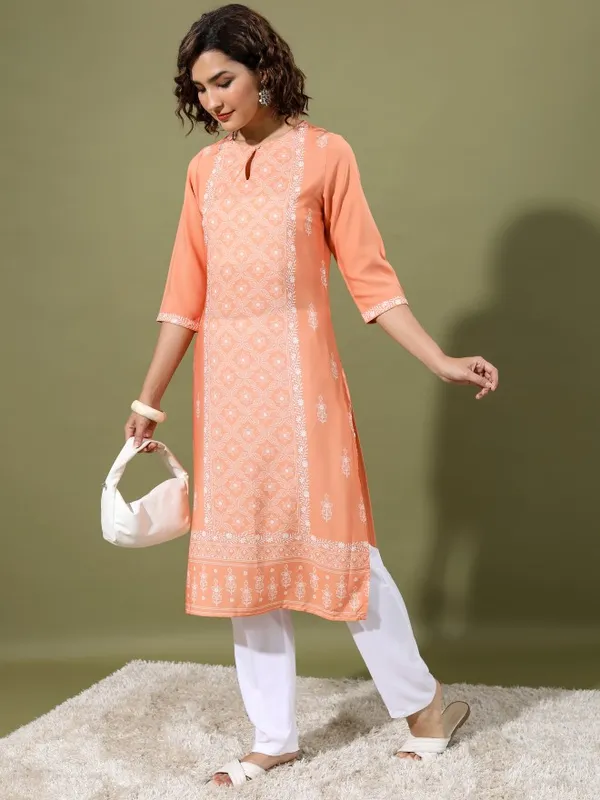  Vishudh  Women Peach Printed Straight Kurtas