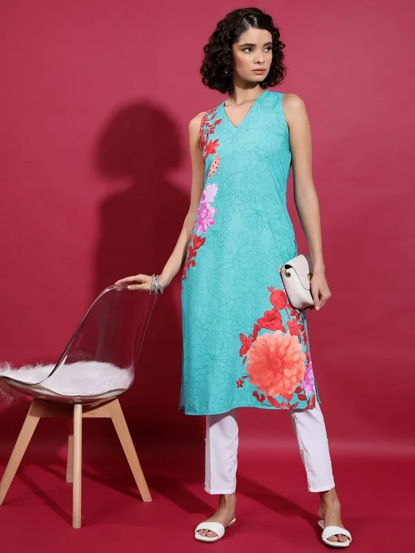  Ketch Women Teal Printed Straight Kurtas