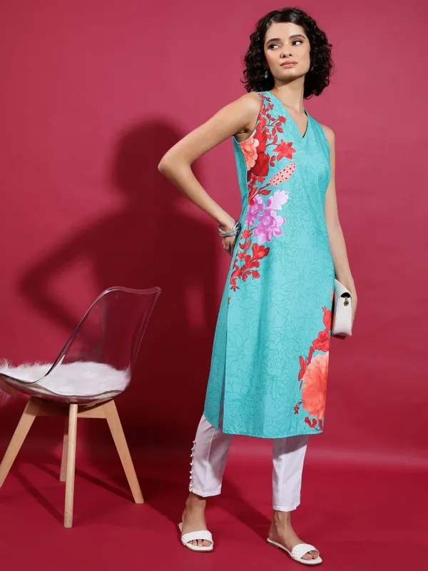  Ketch Women Teal Printed Straight Kurtas