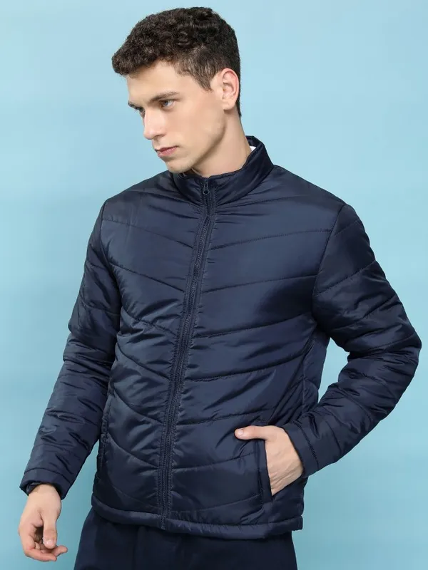  Highlander Men Navy Blue Solid Puffer Jacket Jackets