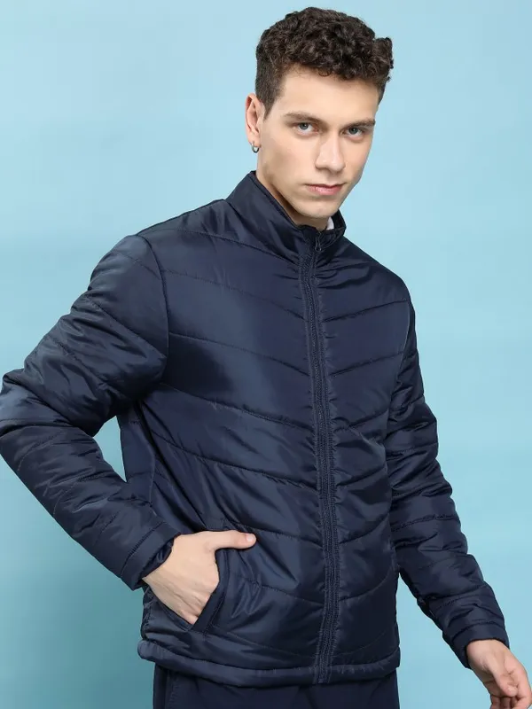  Highlander Men Navy Blue Solid Puffer Jacket Jackets