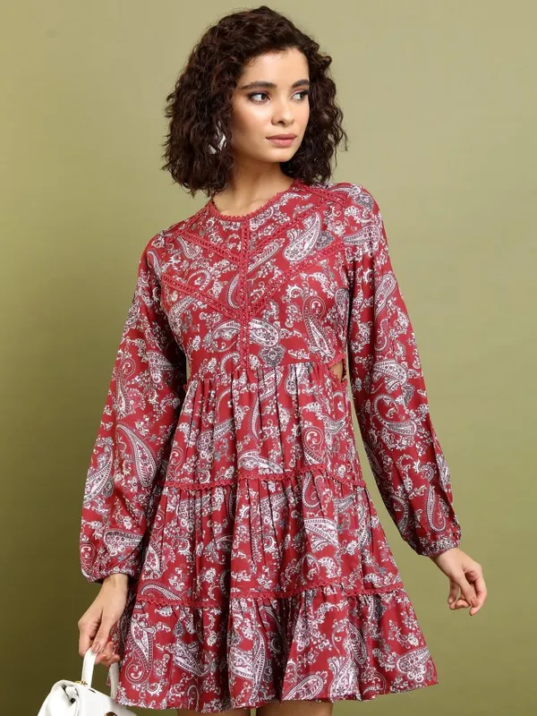 Tokyo Talkies Women Maroon Printed Fit And Flare Dress