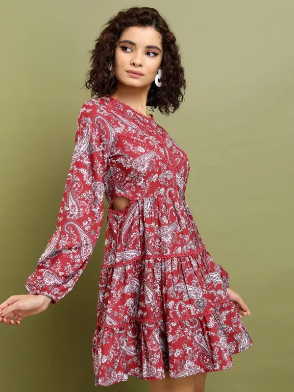 Tokyo Talkies Women Maroon Printed Fit And Flare Dress