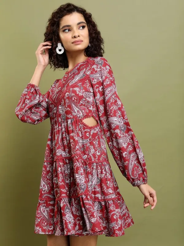 Tokyo Talkies Women Maroon Printed Fit And Flare Dress