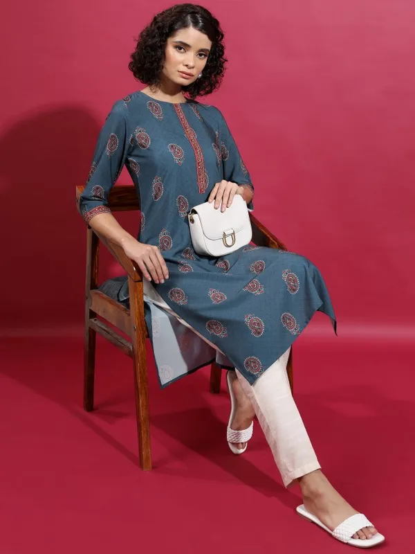 Vishudh Women Blue Printed Straight Kurta