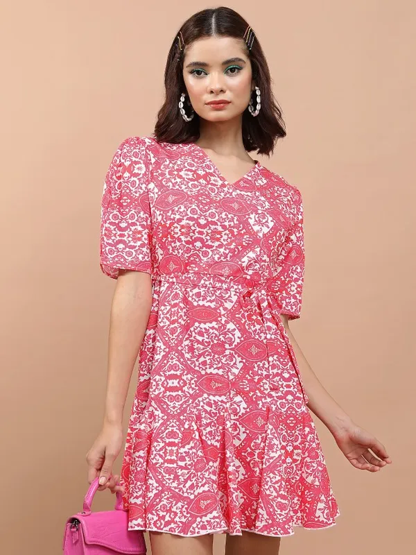 Tokyo Talkies Women Fuchsia Printed Wrap Dress