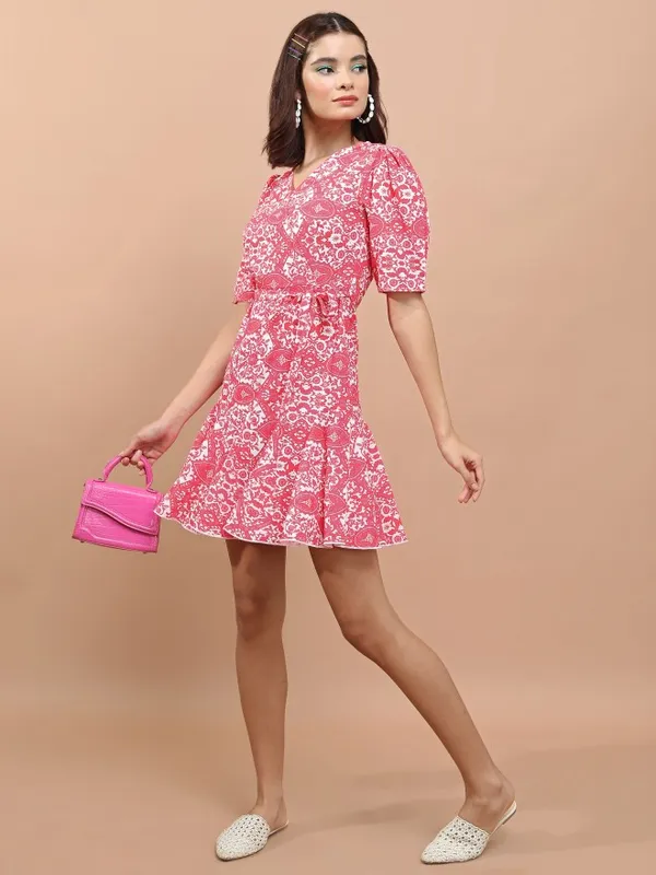 Tokyo Talkies Women Fuchsia Printed Wrap Dress