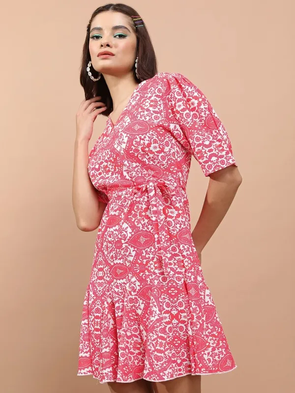 Tokyo Talkies Women Fuchsia Printed Wrap Dress