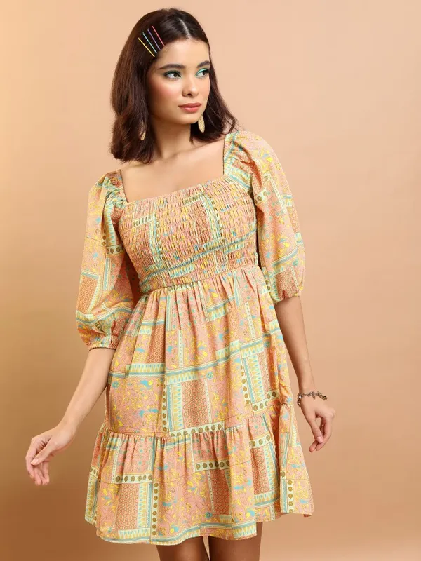  Tokyo Talkies Women Peach Printed Fit And Flare Dresses